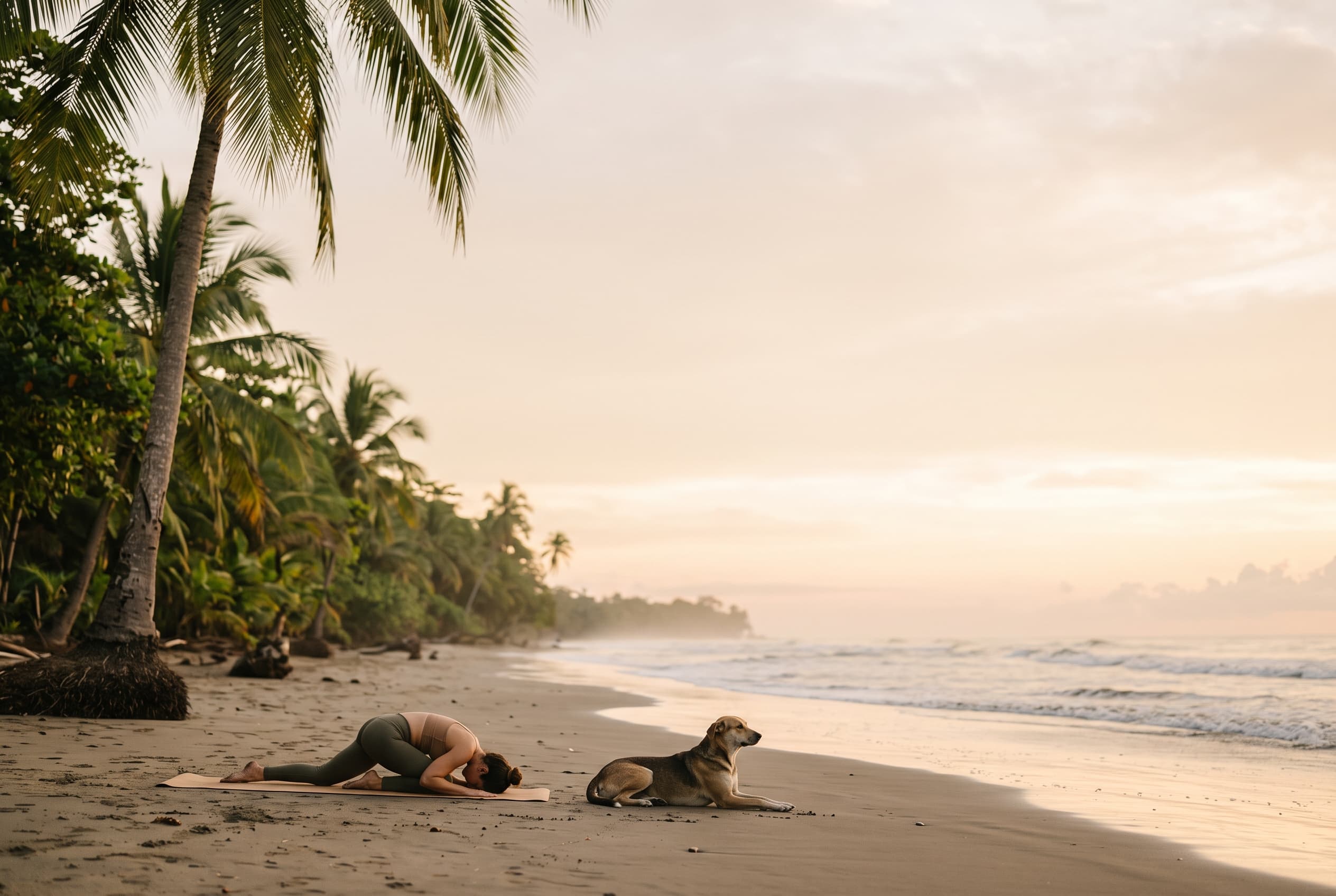 Una persona hace yoga en la playa al amanecer, con su perro tumbado a su lado frente al mar